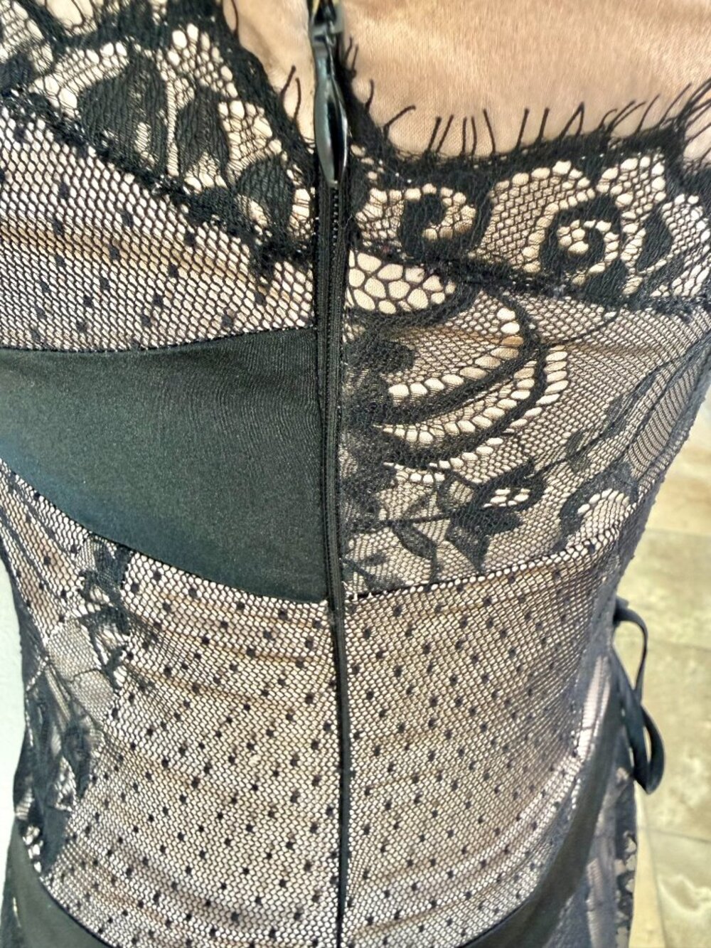 Bebe Black Lace Overlay of Satin Nude dress w/ Adjustable Straps & Waist - S - Picture 7 of 8